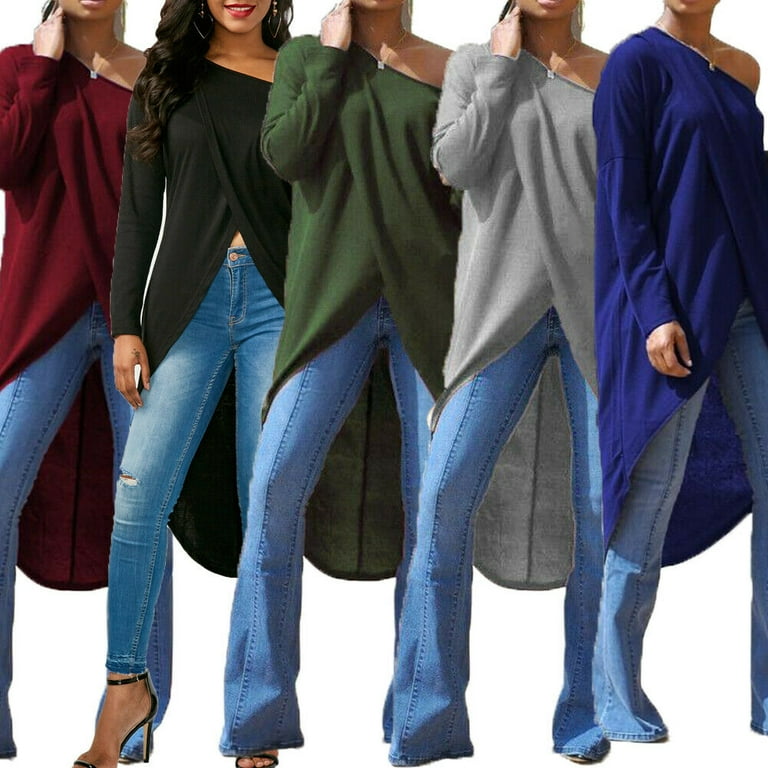 Long Sleeve Tops Ruffles Waterfall Shirt Women Asymmetrical High Low Plus Blouse